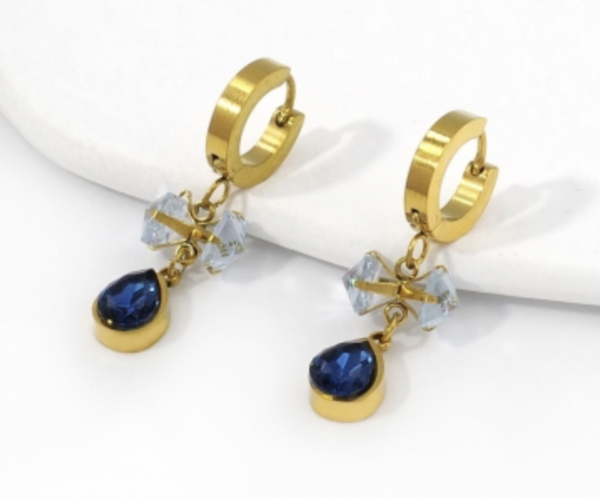 Golden Hoop Earrings with Blue Water Drop Crystal